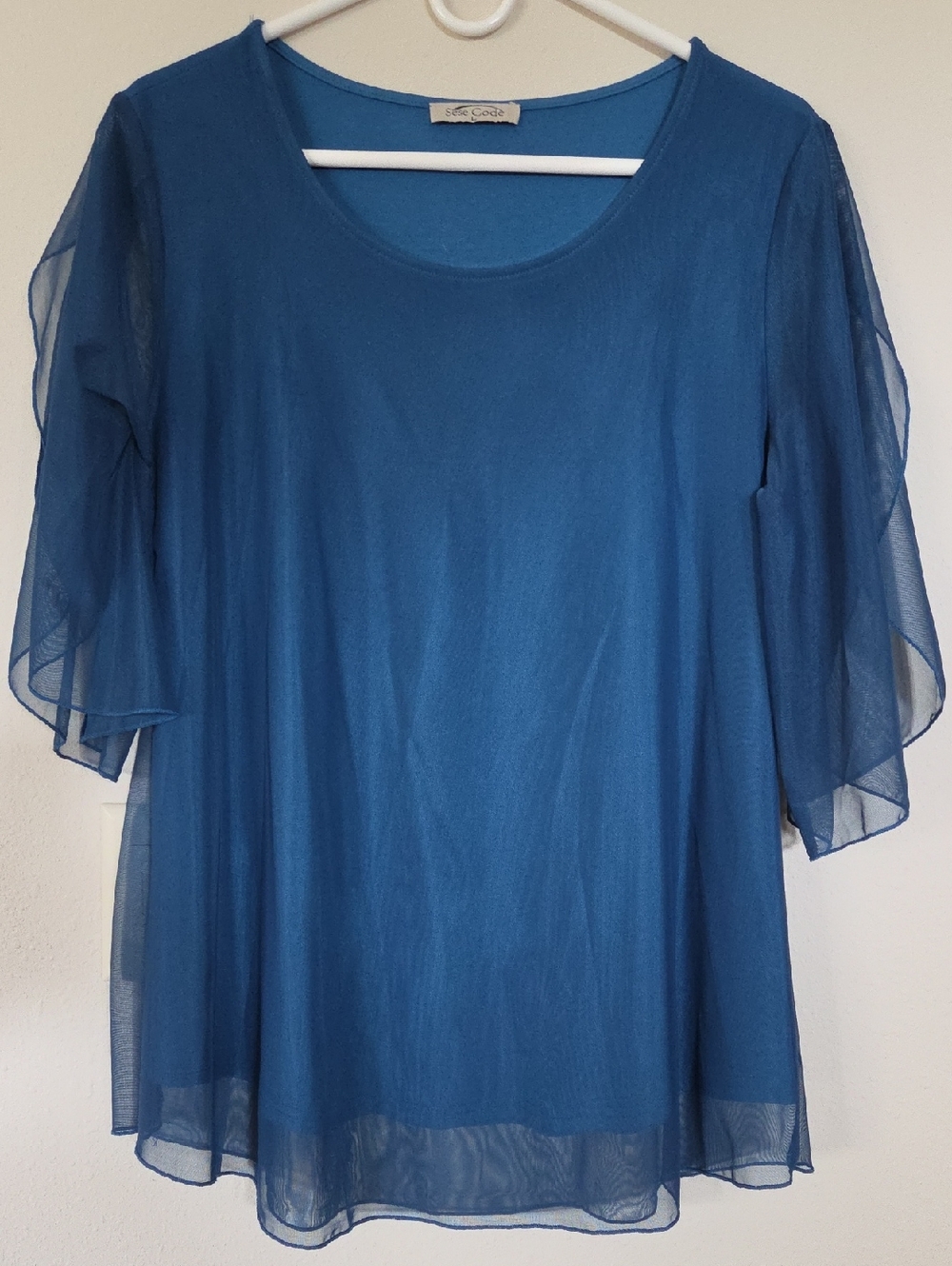 See By Chloé Teal Sheer Layered Flutter Sleeve Tunic